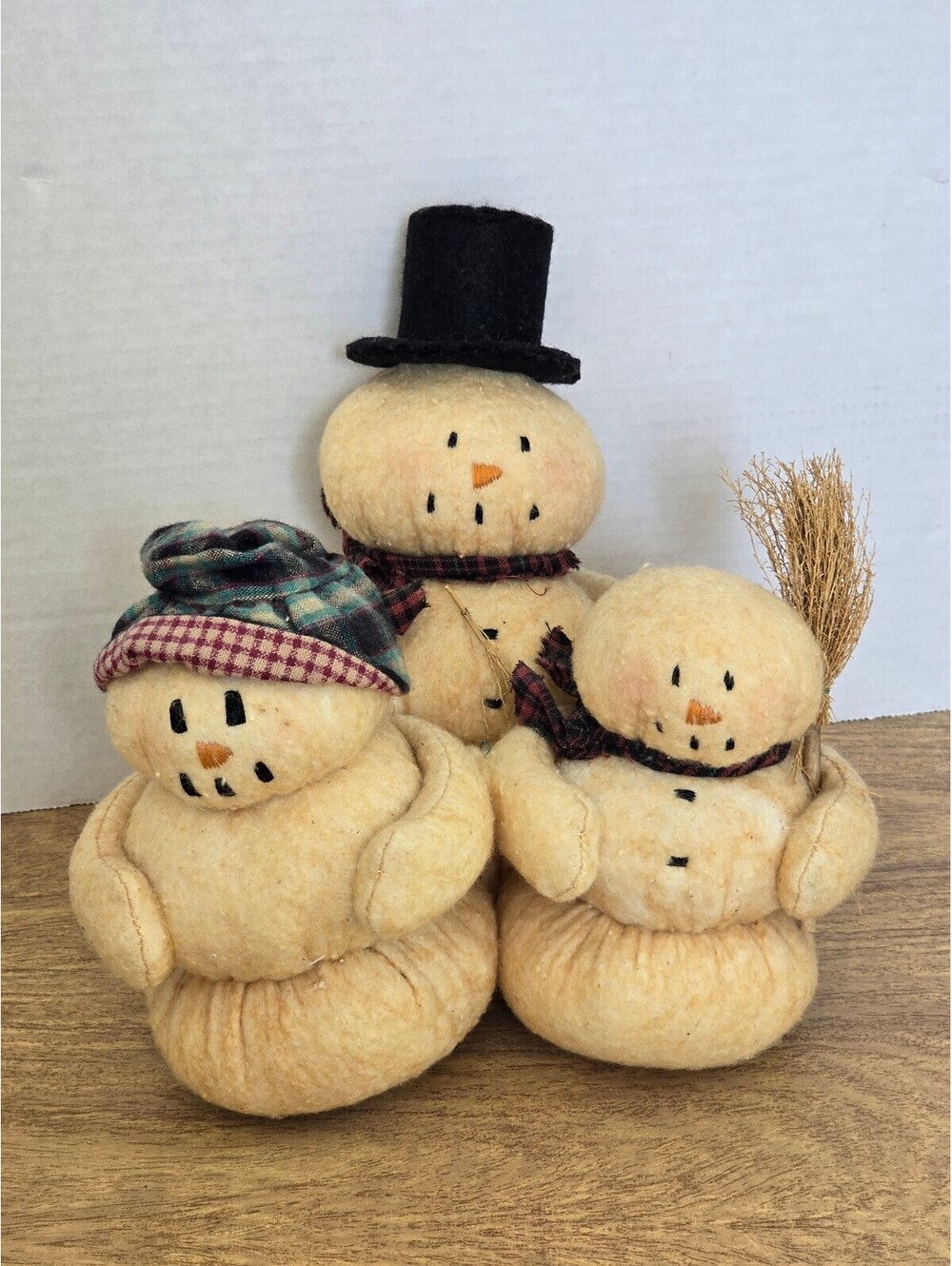 Vtg Calico Harvest Trio of Snowman Figurines w/ Hats & Scarves Cozy Winter Decor